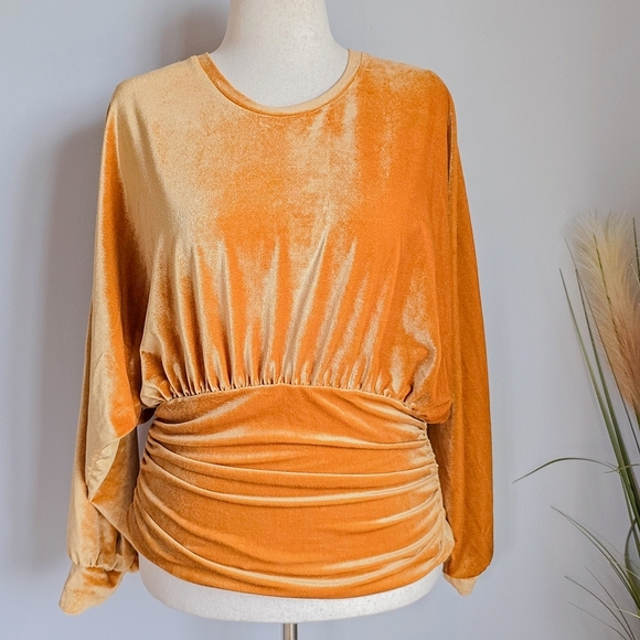 THML, Marigold Yellow Velvet Ruched Dolman Bishop Sleeve Blouse Top SZ Medium - Picture 1 of 11